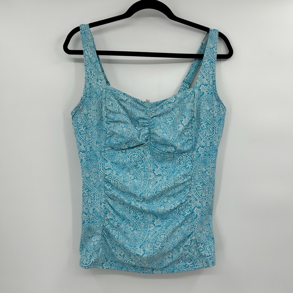 Lands End Womens Paisley Tankini Top Size 12 DD Blue White Swim Beach Resort